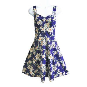 Vintage Blue Hawaiian Fit & Flare Dress Sweetheart Ruched Bust Smocked Back M